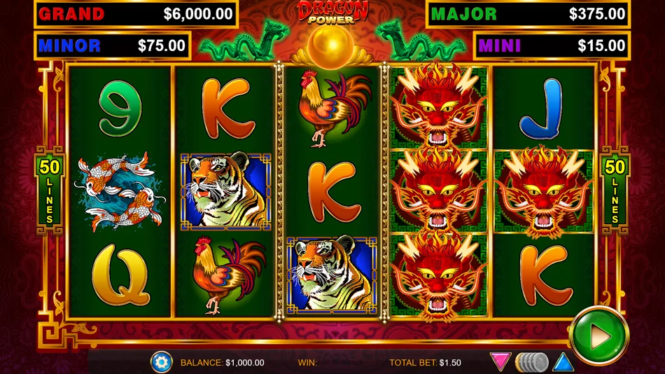 Dragon Cash pokie base game grid with Tiger and Koi Fish symbols